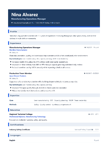 Operations Manager resume example preview