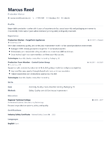 Production Worker resume example preview