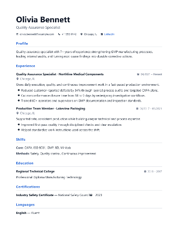 Quality Assurance Specialist resume example preview
