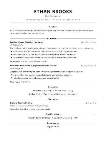 Certified Welder resume example preview